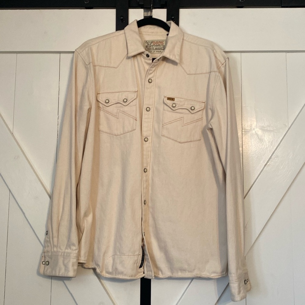 Howler Bros Dust up Denim - size M - khaki denim with matching Pearl snaps